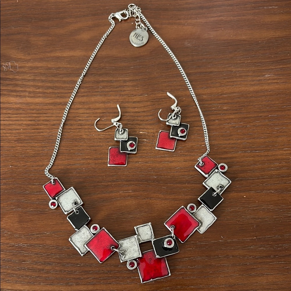 Red and Black Geometric Necklace and Earring Set